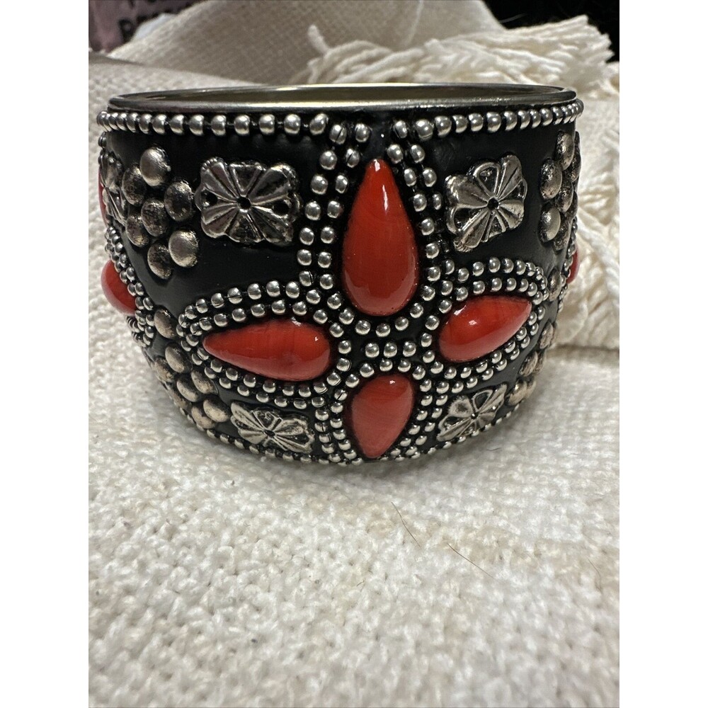 Southwestern Style Wide Cuff Bracelet Red Coral Look Stones Silver Tone Statemen
